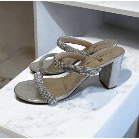 CLORINDA ANTINORI Silver Leather Rhinestone Sandals Size 7 - Picture 1 of 9